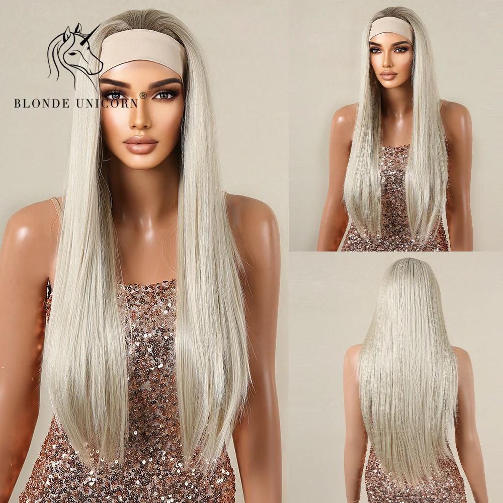 

Блондинка-единорог, светлая повязка на голову, синтетические парики, длинные прямые парики для женщин, термостойкое волокно, для вечеринок