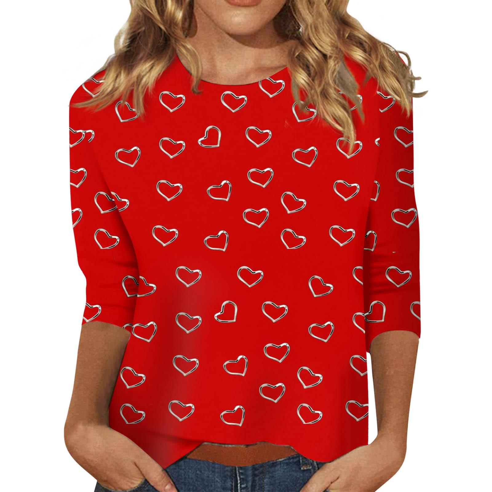 

Women s Fashion Casual Seven-Point Sleeve Valentine s Day Printed Round Neck Long Sleeve Top XL червоний