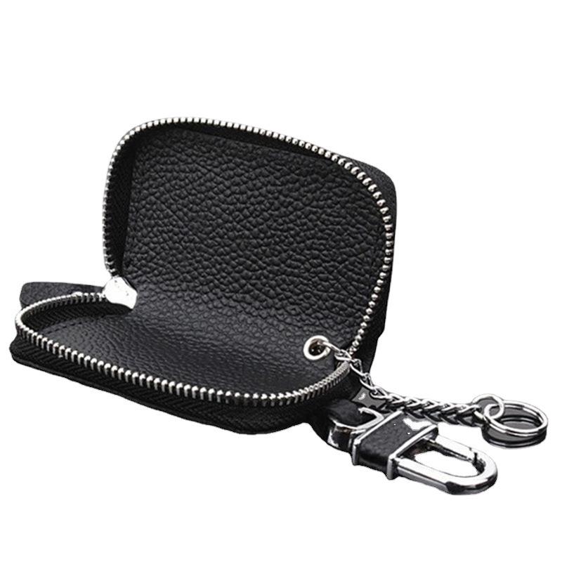 Lychee Grain Cowhide Key Case with Zipper - Pure Black