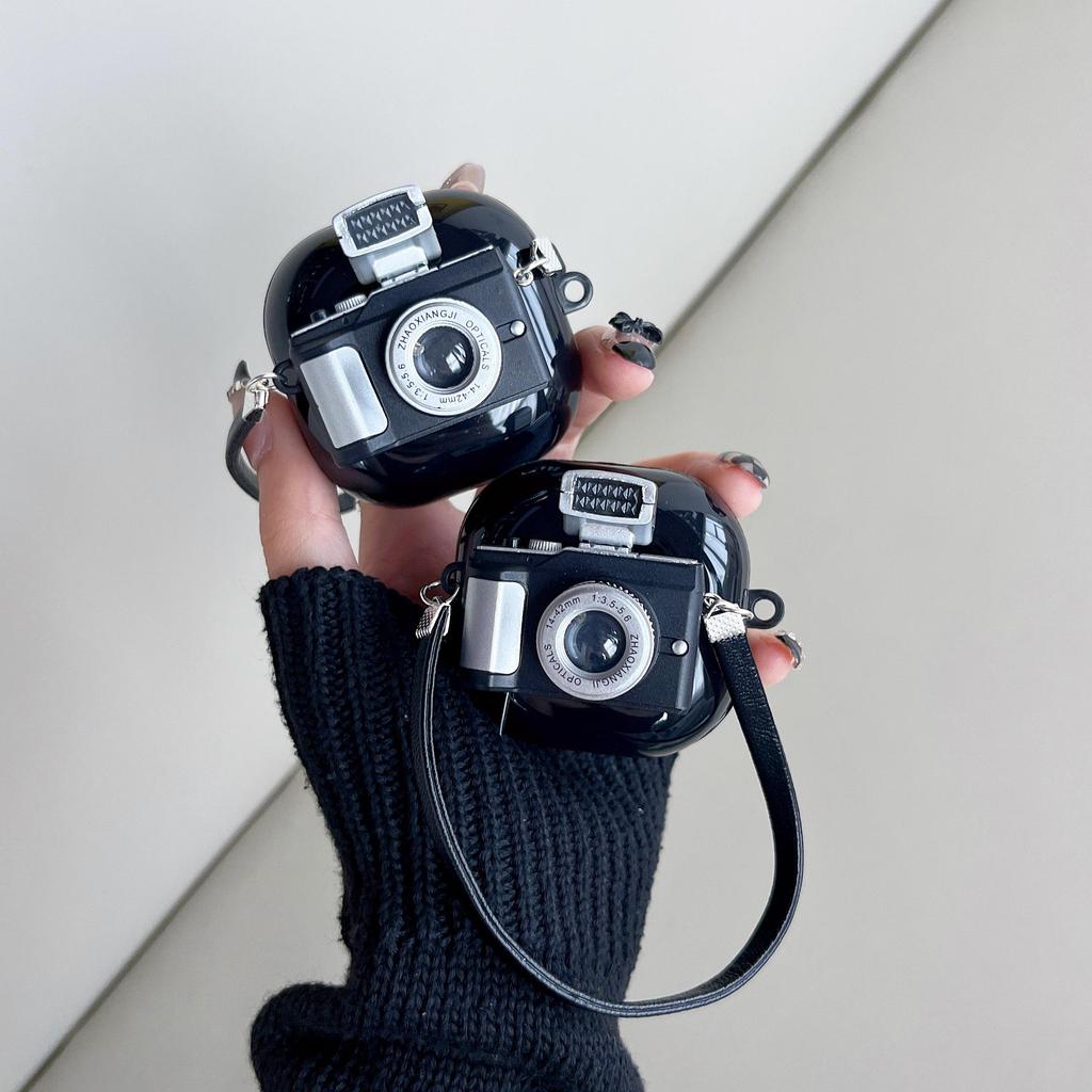 3D-kamera Cartoon Black Earphone Case For For Samsung Galaxy Buds 2 Pro Live Case For Galaxy Buds2 Pro Cover Myk TPU Funda Full beskyttelse med stropp