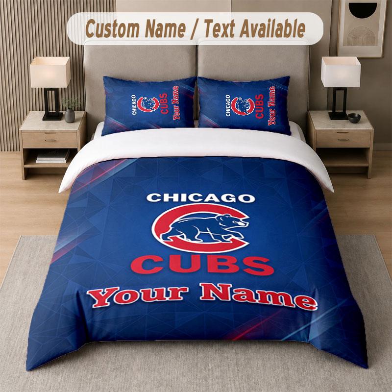 Custom Bedding Set Chicago Cubs Pattern, Print Name Text 1 Duvet Cover plus 2 Pillowcases Home Textile
