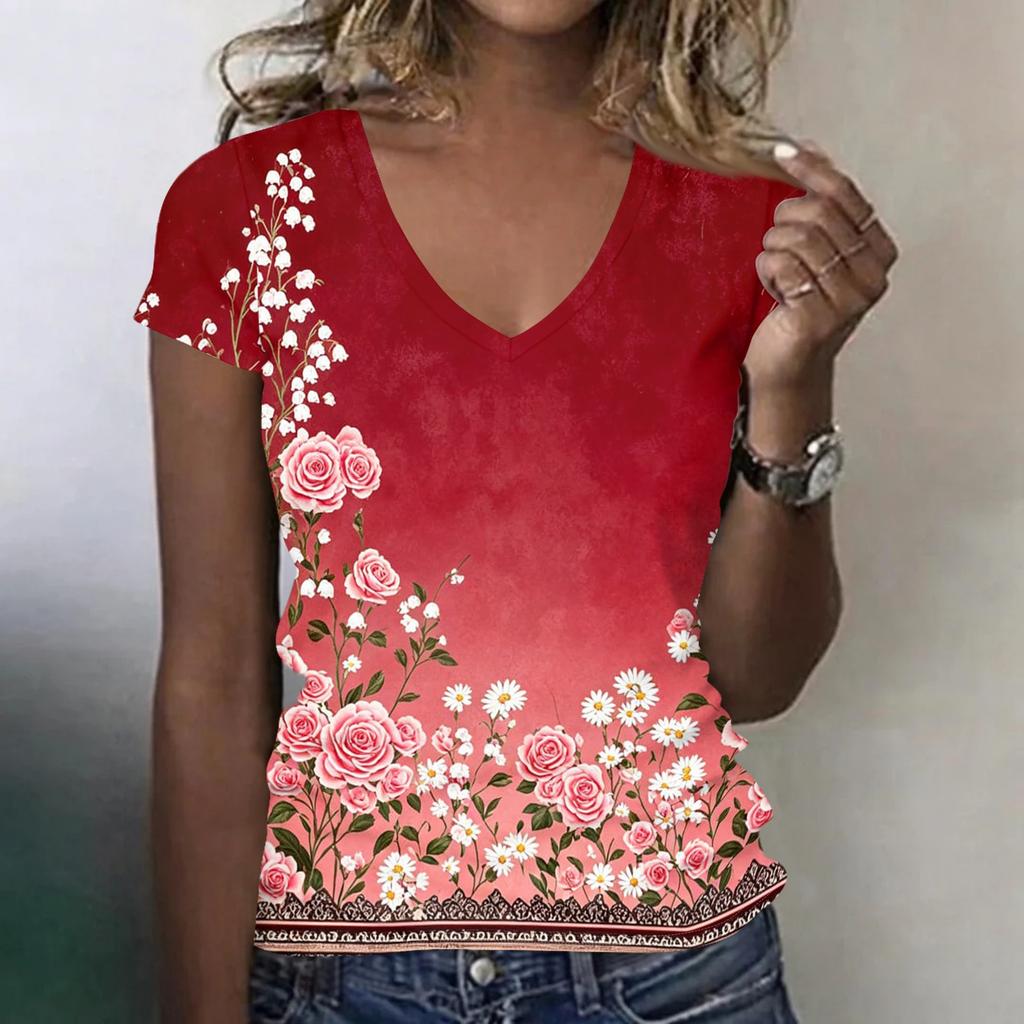 Women V Neck Short Sleeve T Shirt Floral Print Casual Loose Fit Lightweight Summer Top for Daily Wear Work Travel