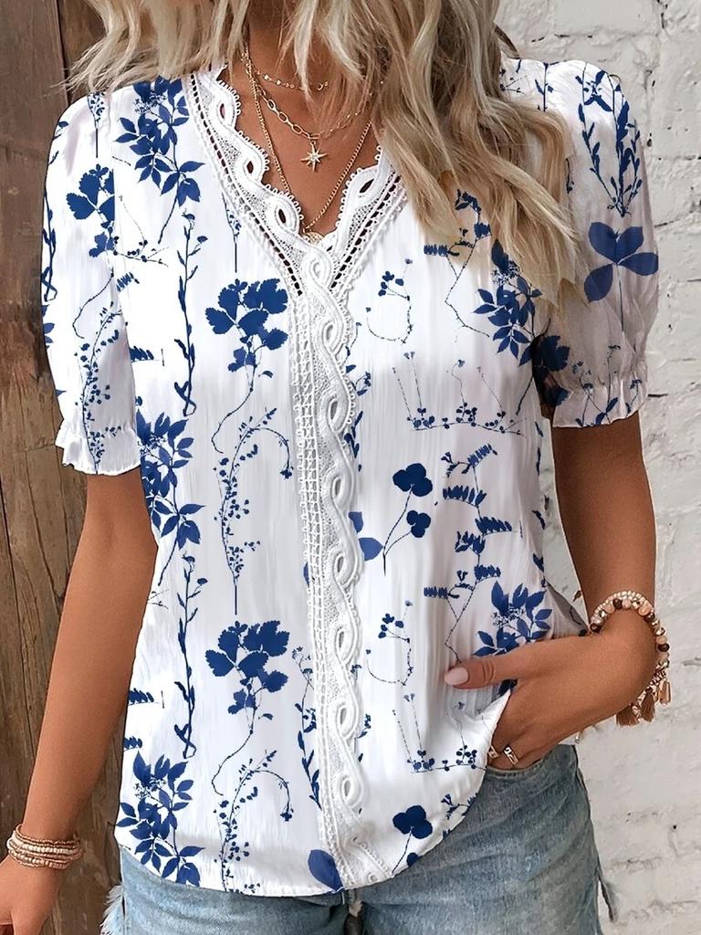 Summer V-neck Lace Printed Blouse Lace Patchwork Shirt Fashion Women Casual Short Sleeve Tops Ladies Shirt For Women 28628