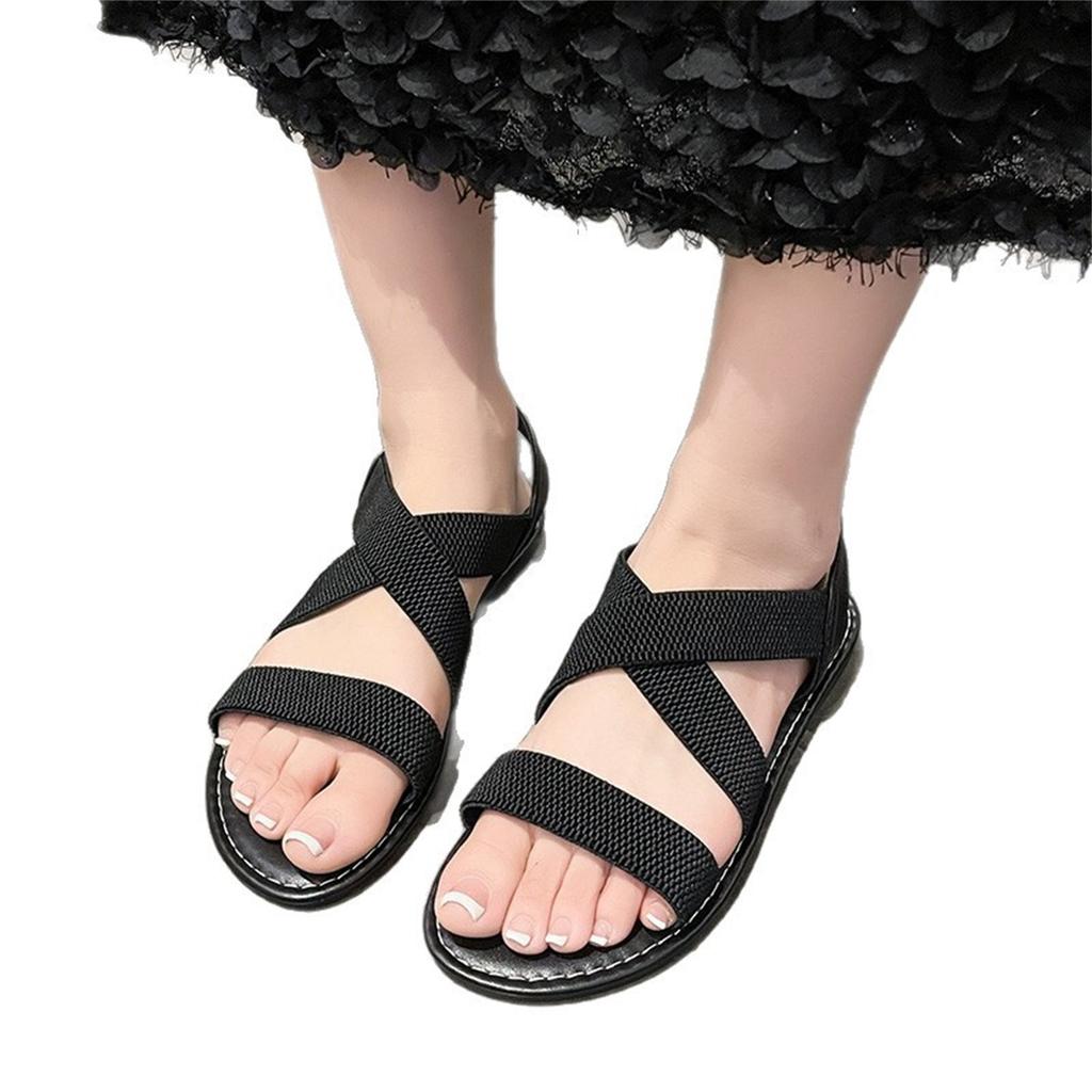 Women’s Plus Size Cross Strap Round Toe Casual Sandals with Elastic Upper and Flat Sole for Comfortable Wear