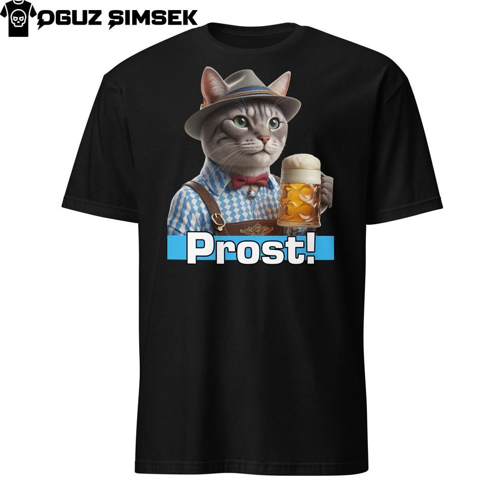 

Unisex Short-Sleeve T-Shirt: Cat in Bavarian Attire Holding Beer Mug - Prost! 4XL
