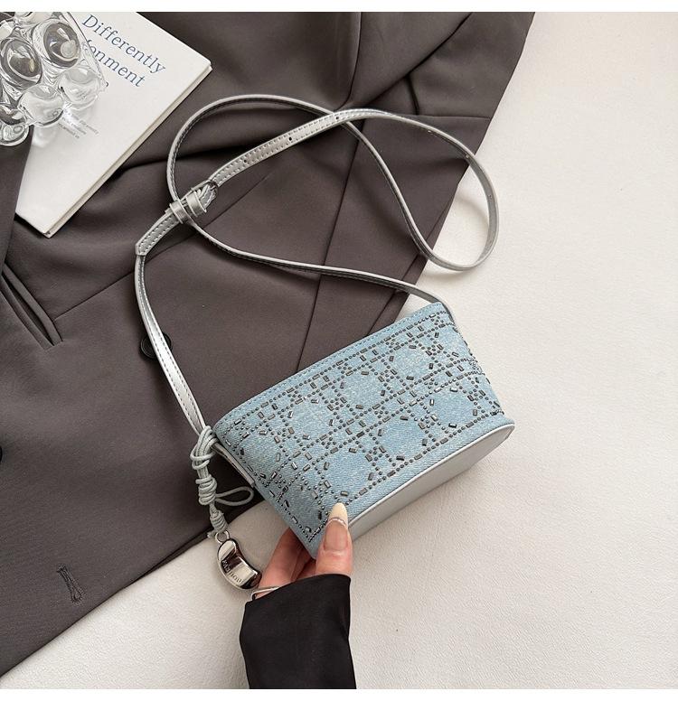 Light Luxury Sequined Small Bag Women's Shoulder Bucket Bag Denim Blue Chain Messenger Bag