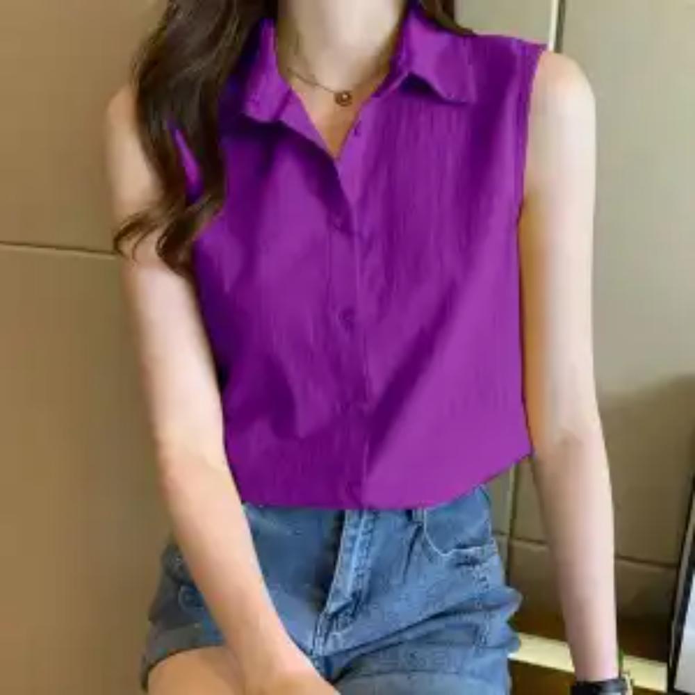 Korean Commuter Chiffon Blouse Summer New Women's Polo-Neck Button Fashion Loose Casual Ventilate Sleeveless Shirt Tops