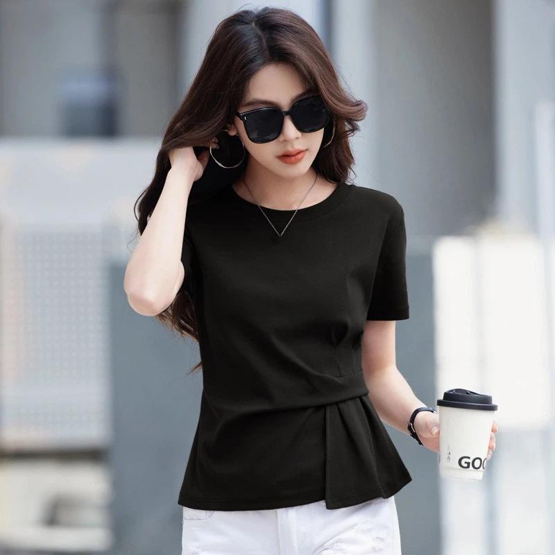 Women Black Crew Neck Short Sleeve Waist Cinched Asymmetric Hem T Shirt S чёрный
