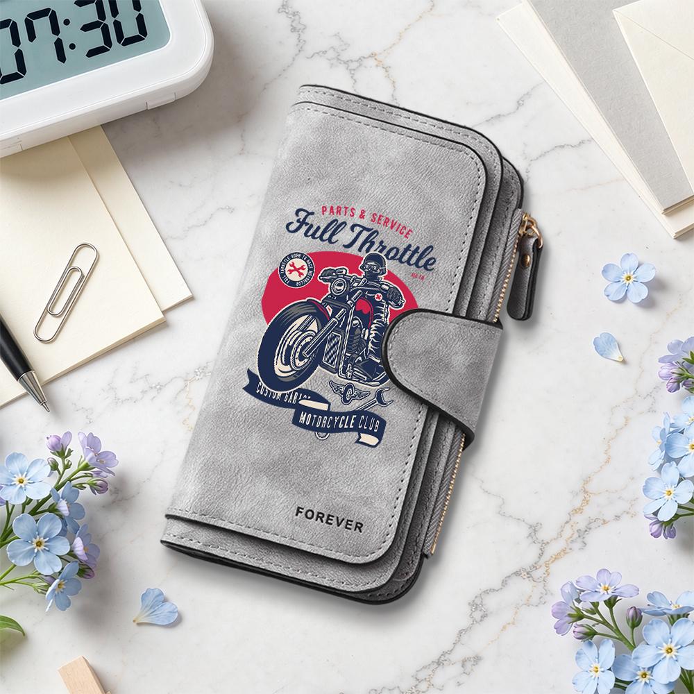 Vintage Motorcycle Print Long Wallet Multi Slot Card Holder Slim Purse for Mens Biker Daily Use