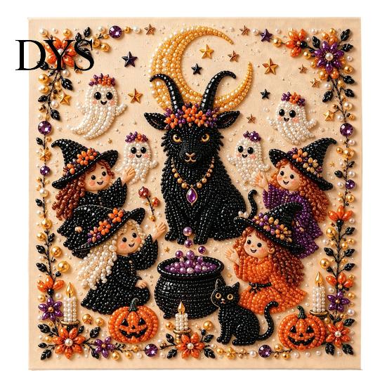 Fall Holiday Decoration Halloween Faux Pearl Art DIY Kit, 3D Bead Embroidery Craft Set, Spooky Painting Kit Ghost Goat Witch Wall Art, Seasonal