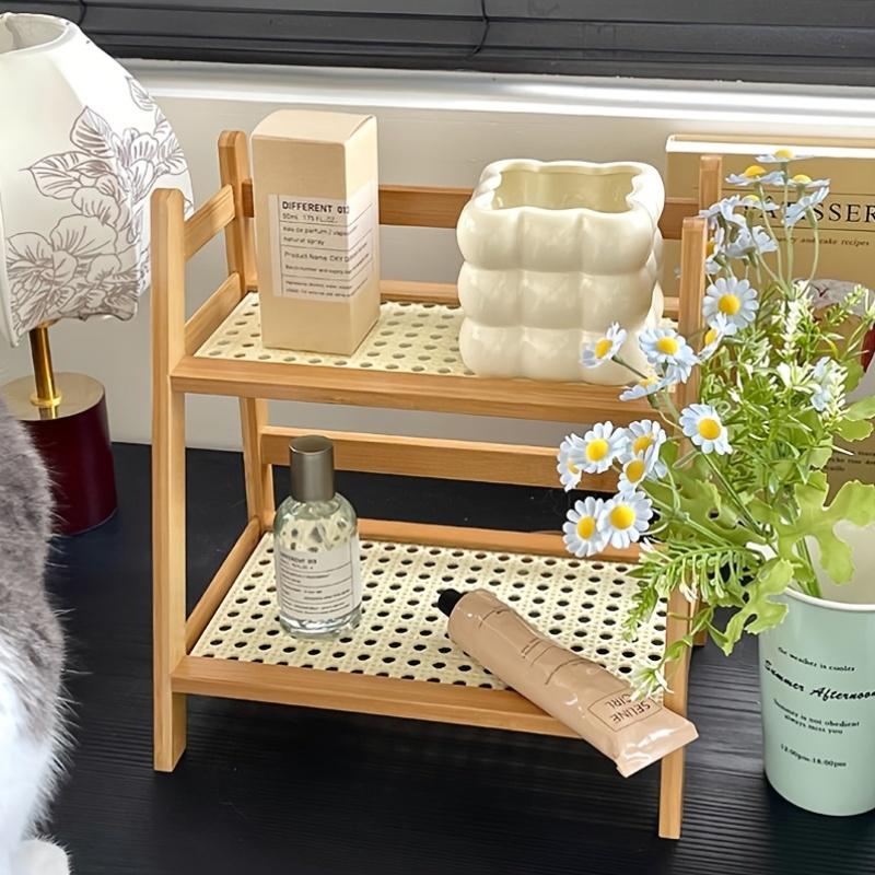 1pc Bamboo Storage Rack - 2-Tier Organizer for Mugs/Plants/Books | Woven Beige Design, Compact for Kitchen/Office/Dorm