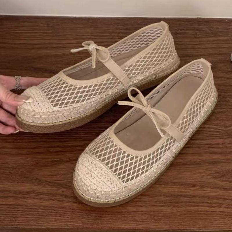 Fashion Fashion Mesh Breathable Flat Sandal Women Comfort Round Toe Shallow Casual Shoe Cute Butterfly-knot Low Heel Pumps Zapatos Mujer