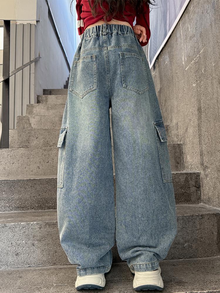 Girls' Retro Blue High-Waist Wide-Leg Pants - Spring & Autumn Versatile Loose Fit