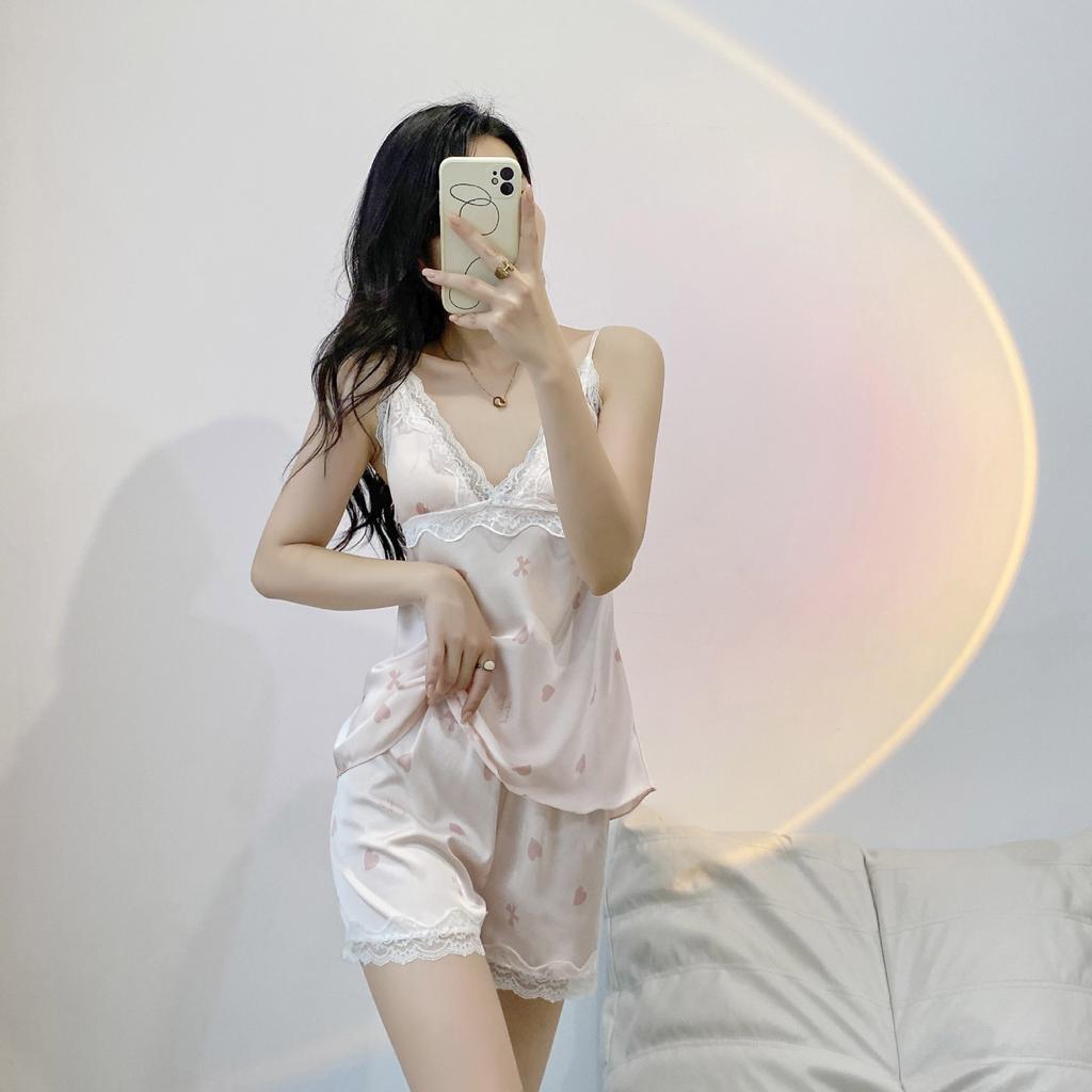 Ice silk pajamas set women's thin spring and summer new suspender shorts nightgown with chest pad sexy printed loungewear