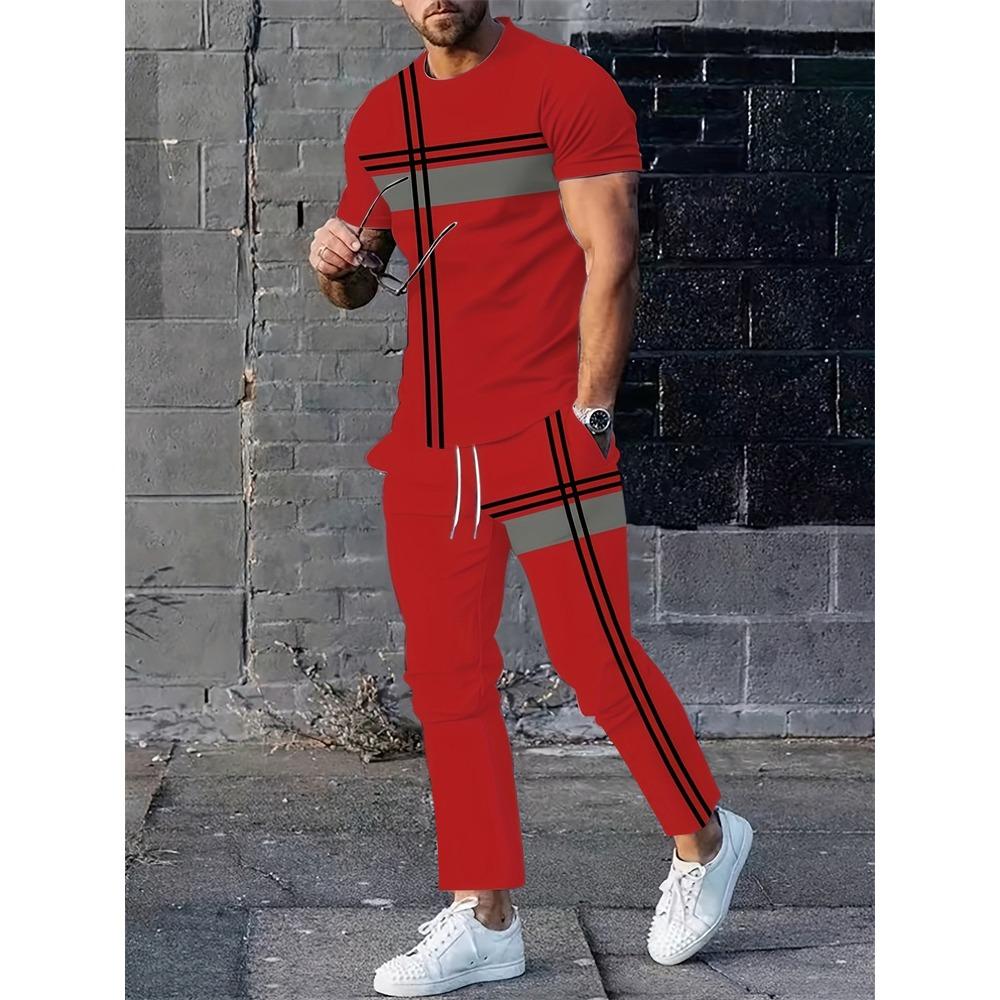 New Summer Men's Sports Suit Men's Round Neck Splicing Printed Short-sleeved T-shirt Loose Pants Two-piece Set Streetwear
