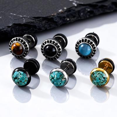Nieuwe Natuursteen Heren Kleine Ronde Oorbellen, Eenvoudige Roestvrij Staal Metalen Studs, Hip Hop Coole Sieraden Cadeau