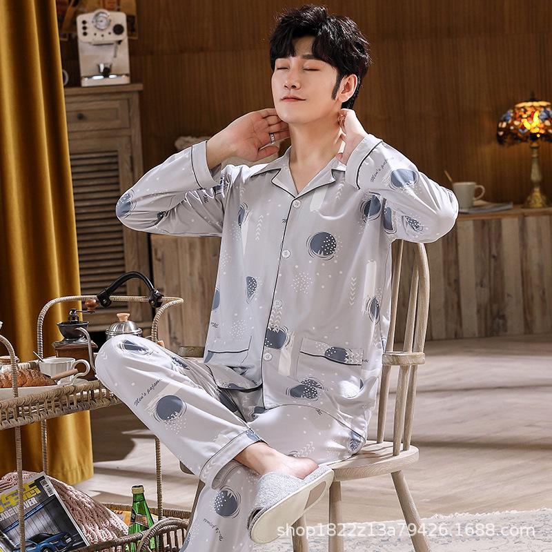 Men's Artistic Cardigan Pajama Set - Spring & Autumn Styles with Long Sleeves and Pants, Plus Size Available