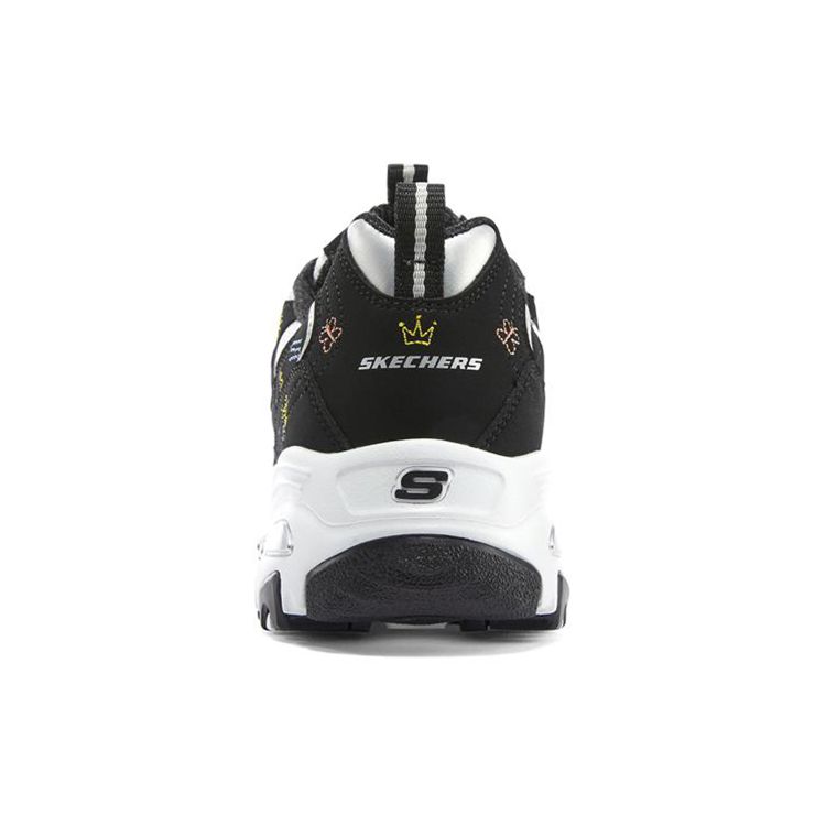 Skechers DLites 1.0 Floral Bear Fabric Leather Sport Versatile Shock Absorbing Durable Low Top Dad Shoes Women Sneakers Black White 896155-BKW