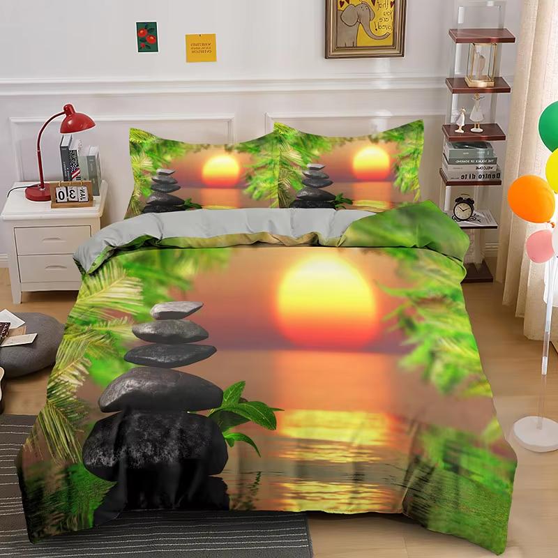 Comforter Zen Stone Green Bamboo Nature Water Print Bedding Set Queen King Size Bedroom Decorative Comforter 2/3 Pcs