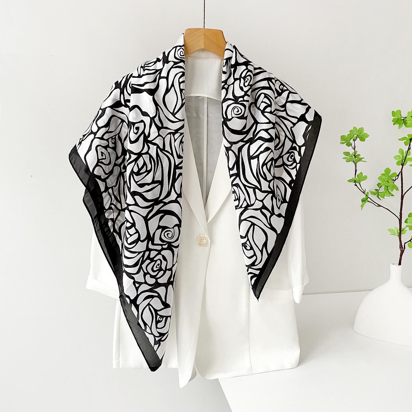 90Cm silk scarf spring and summer new satin imitation silk camellia square scarf high-end versatile shawl silk scarf women 90*90cm