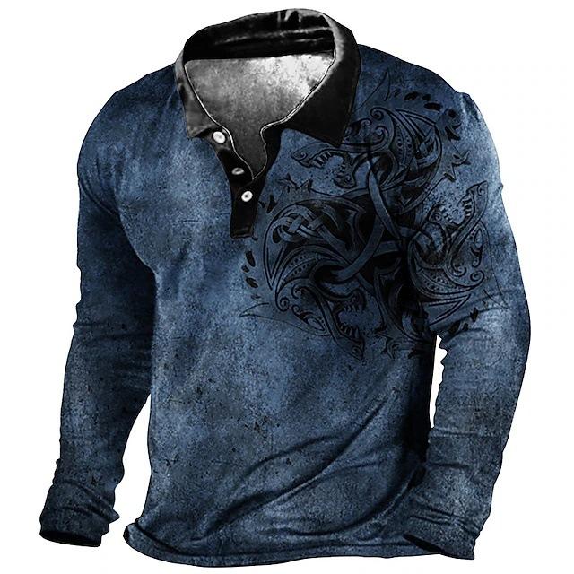Vintage Tribal Print Long Sleeve Polo Shirt, Stylish Casual Men's Top