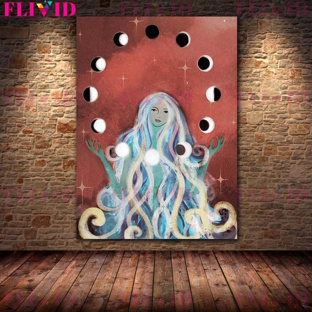 Witch Moon Art Poster Printing Flying Witch Broom Wall Art Full Moon Witch and Spell Bottle Art Canvas