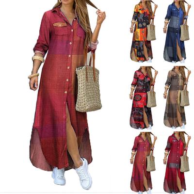 Women Long Sleeve Shirt Dress Spring Autumn Casual Boho Printed Dresses Fashion Single Breasted Button Party Female