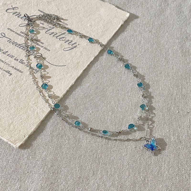 

Black Aunt Ornament Blue Zircon Butterfly Double-Layer Necklace Accessories Female 2024 New Arrival Niche Style Classy Clavicle Chain Fashion Blue Zircon Butterfly Double Layer Necklace