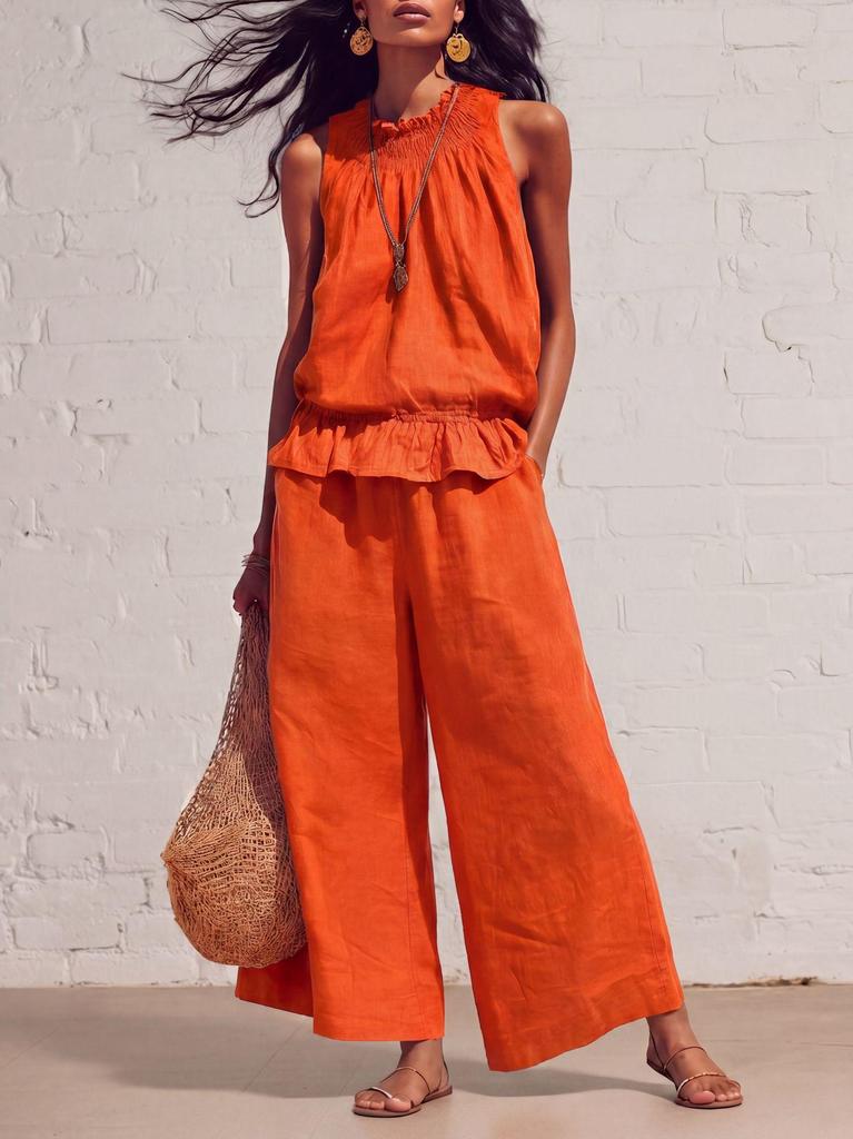 Europäisches & Amerikanisches Damen Retro Bohemian Rüschen Baumwoll-Leinen Zweiteiliges Set für Frühling und Sommer 2026