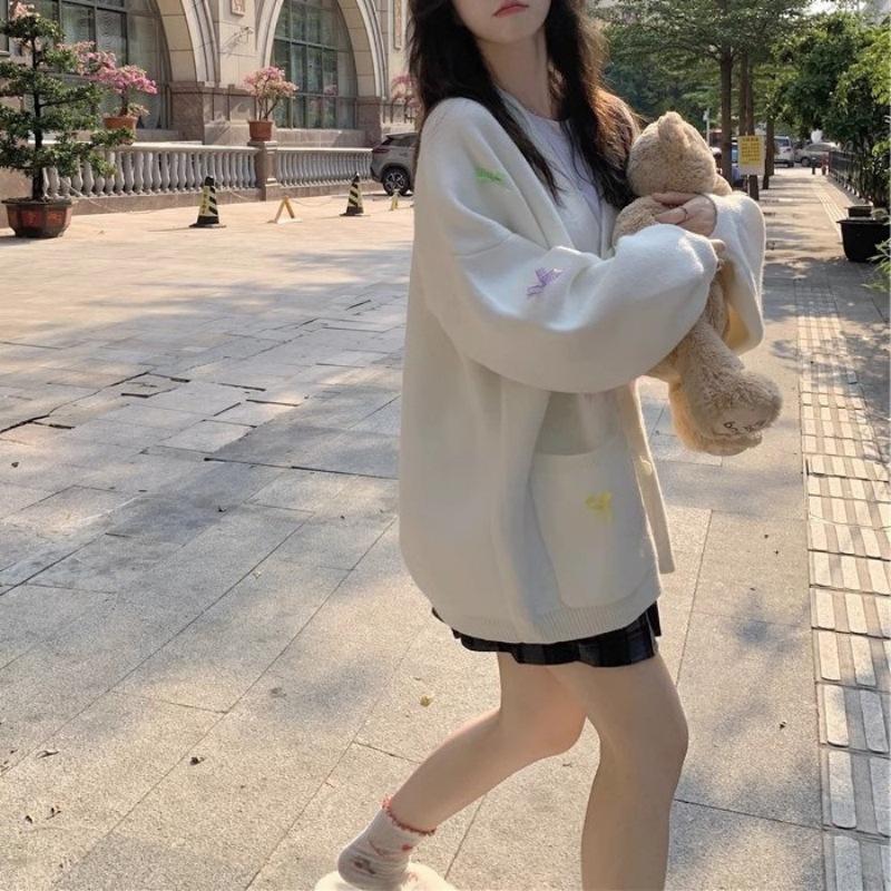 2025 Autumn/Winter Loose Candy Color V-Neck Knit Cardigan with 3D Flower Bow for Women