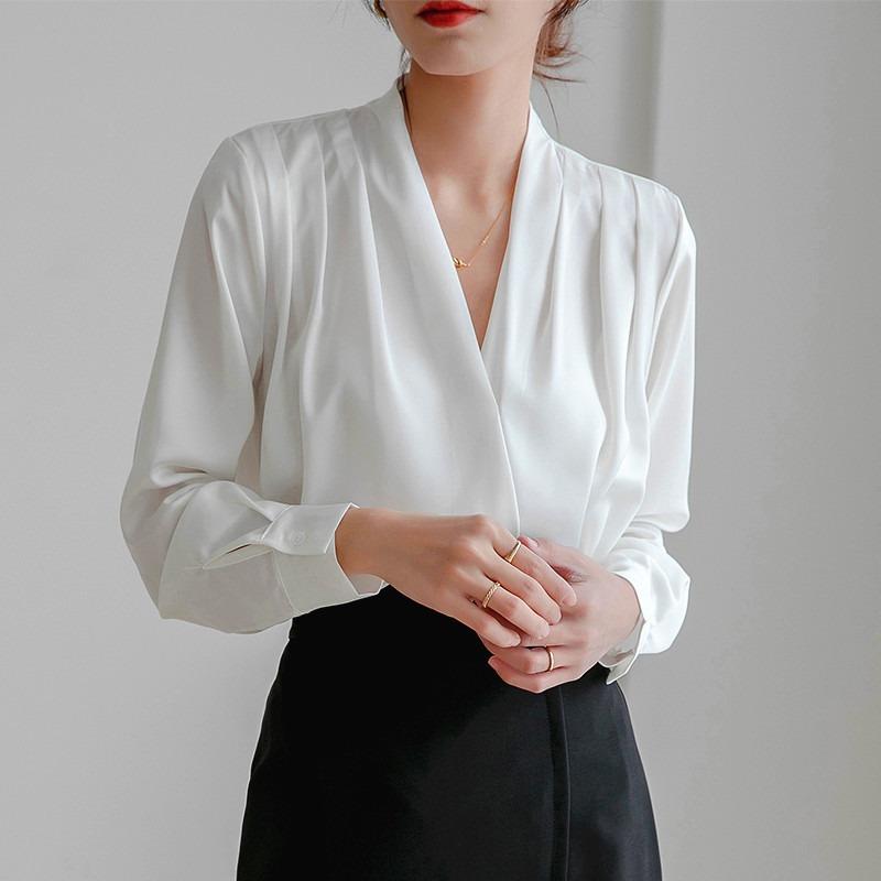 Spring white shirt women's long-sleeved design sense retro silk top professional satin shirt