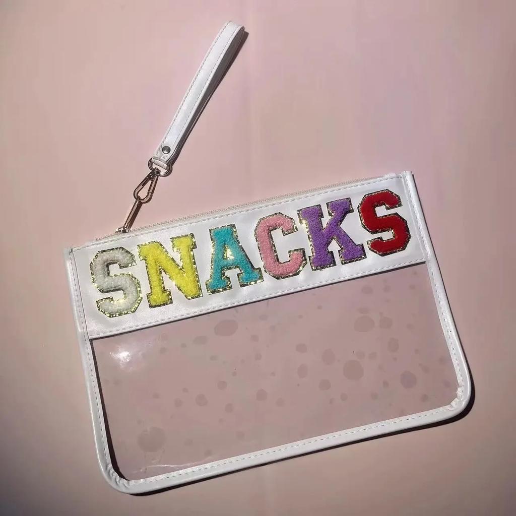 PVC Clear Letter Wash Cosmetic Bag Travel Snack Bag Clear Letter Embroidered Bag for Travel Beach Portable Toilet Storage