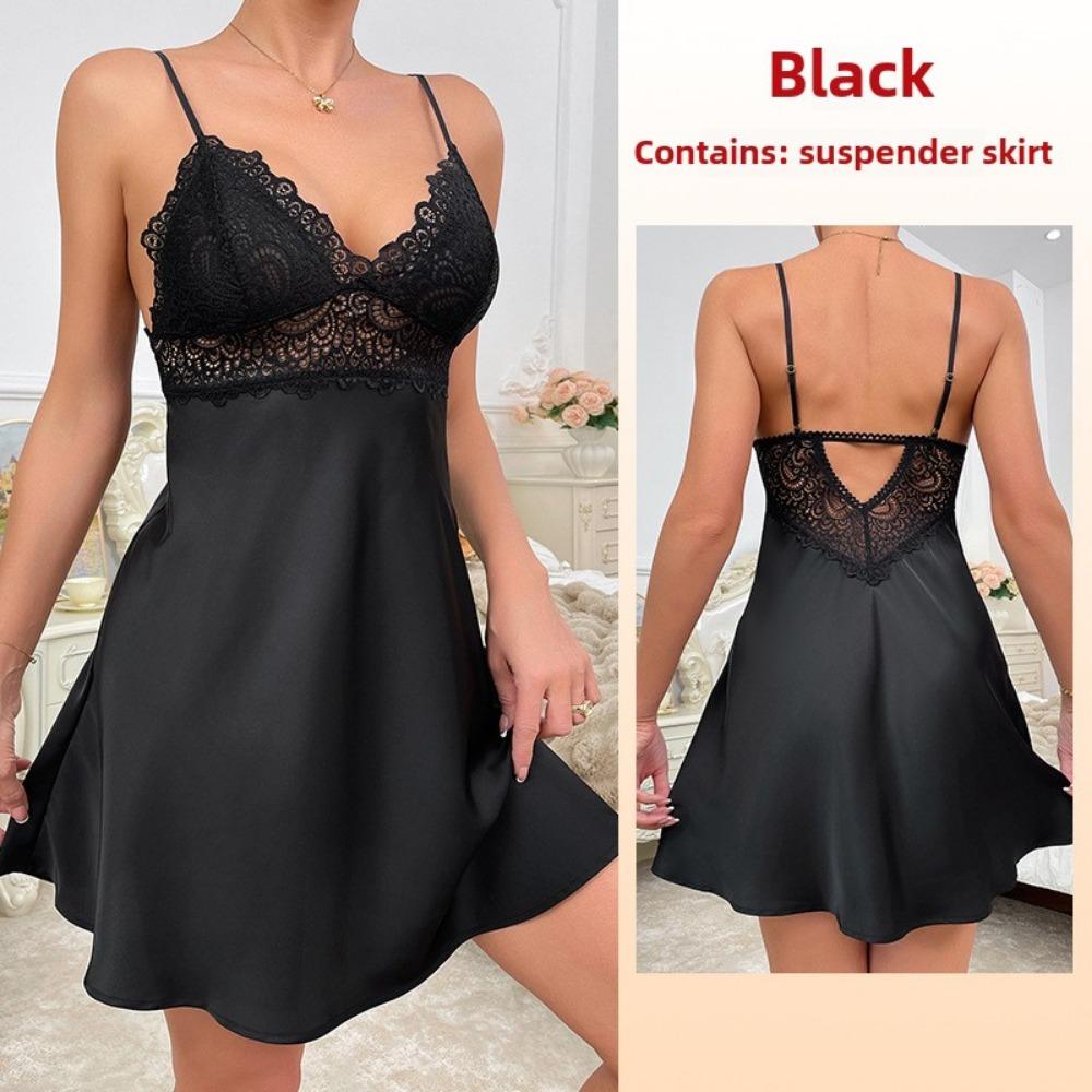 Satin Lace Stitching Loungewear Sexy Suspender Nightdress