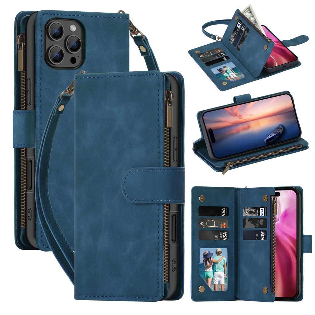 For iPhone 16 Pro Max Case Zipper Multi-Pocket Wallet Leather Phone Cover with Shoulder and Wrist Straps