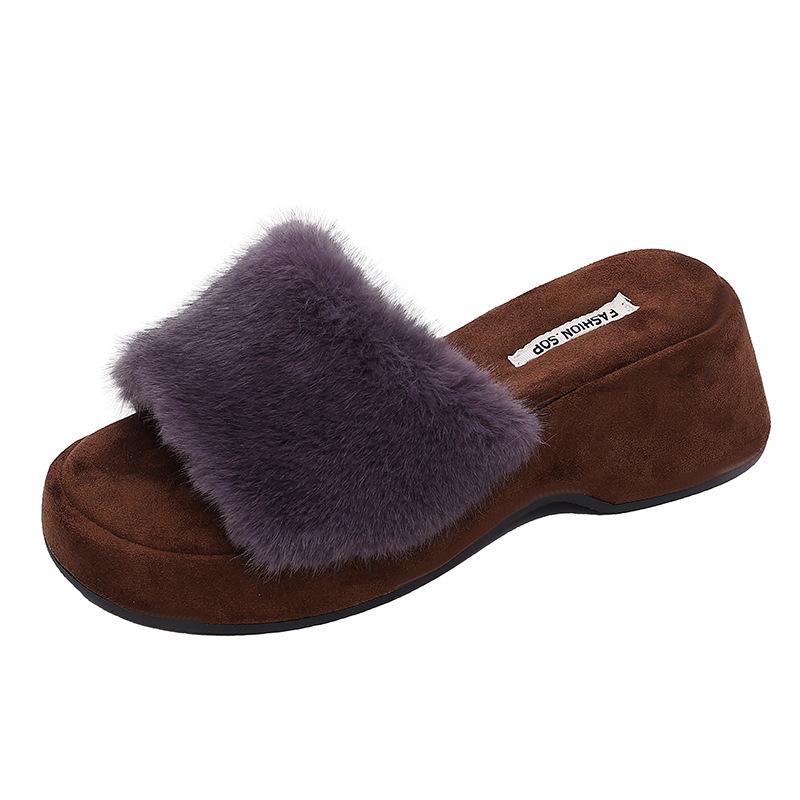 Thick-soled Fluffy Slippers Outside Women's Shoes, New Retro Niche Leopard Print One-word Drag Women In Autumn and Winter 2025