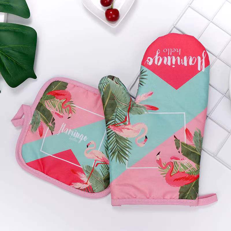 Kitchen Oven Gloves Flamingo Print, Heat Resistant Anti-scald Mitts for Baking Roasting Microwave Cooking