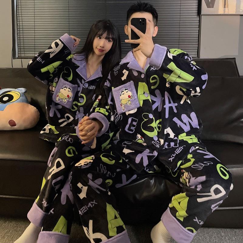 Thick Flannel Pajama Set Couples Cartoon Design Warm Sleepwear Long Sleeve Home Loungewear