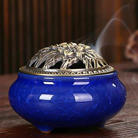 Colorful Crackle Glaze Ceramic Aromatherapy Burner with Bronze Cover for Household Incense and Mosquito Repellent