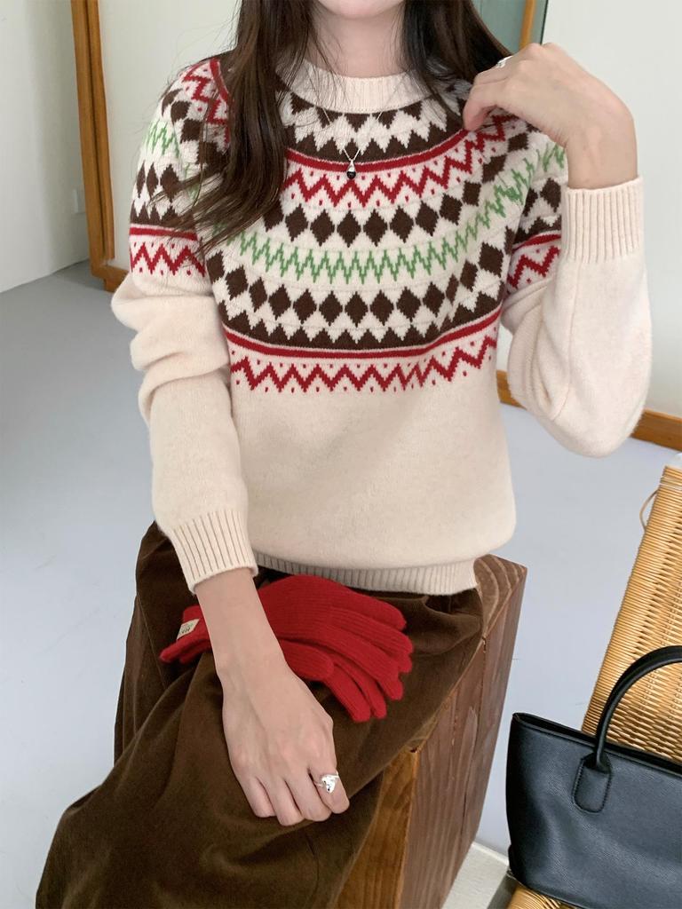 Women's 100% Wool Fair Isle Round Neck Sweater - Retro Jacquard Knitwear for Autumn/Winter