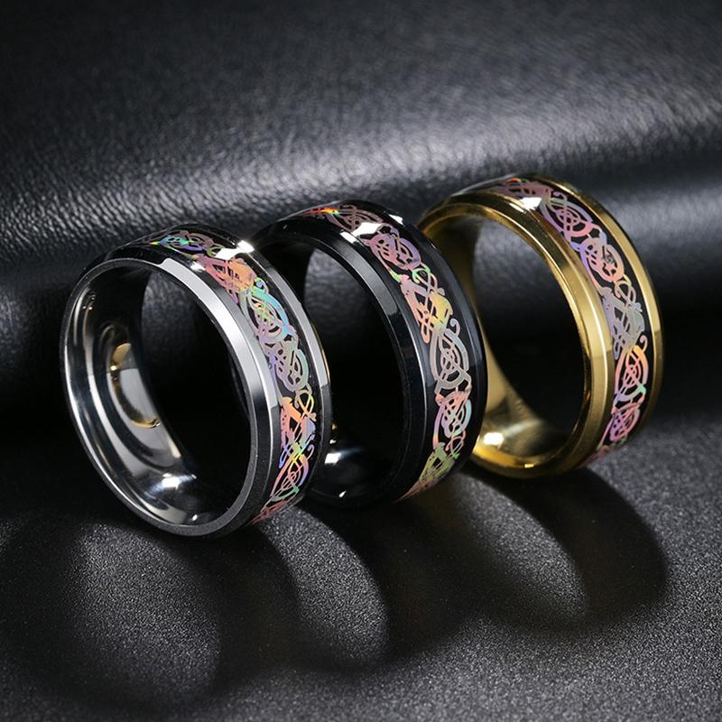 Pánský 8mm nerezový prsten s duhovým keltským drakem Módní svatební zásnubní prsten Přívěsek Dárek