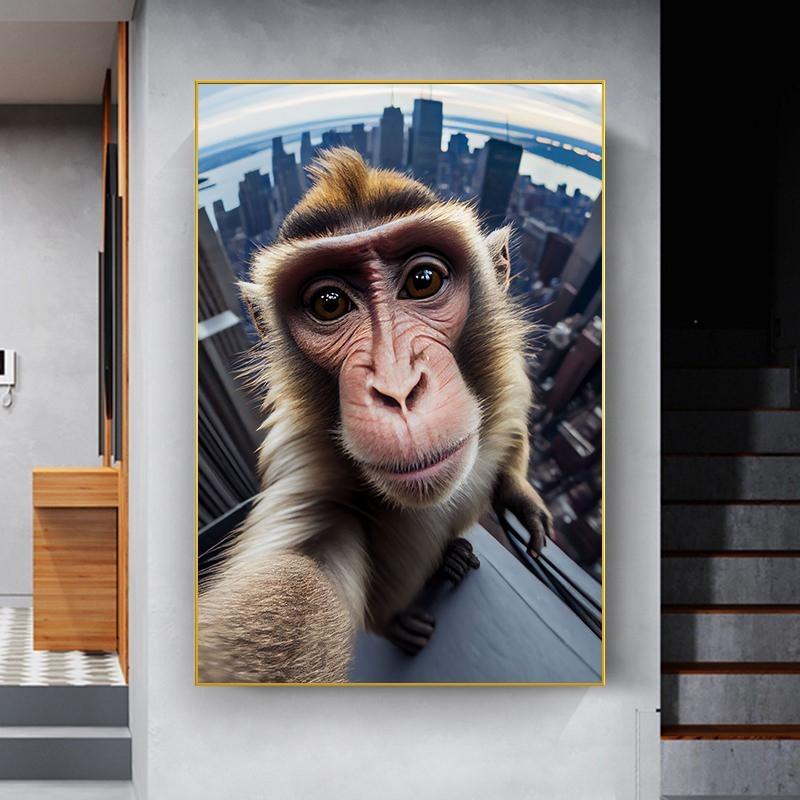 Funny Monkey Selfie Happy Chimpanzee Poster with Print Canvas Painting Animal Wall Art for the Living Room Home Decor Cuadros