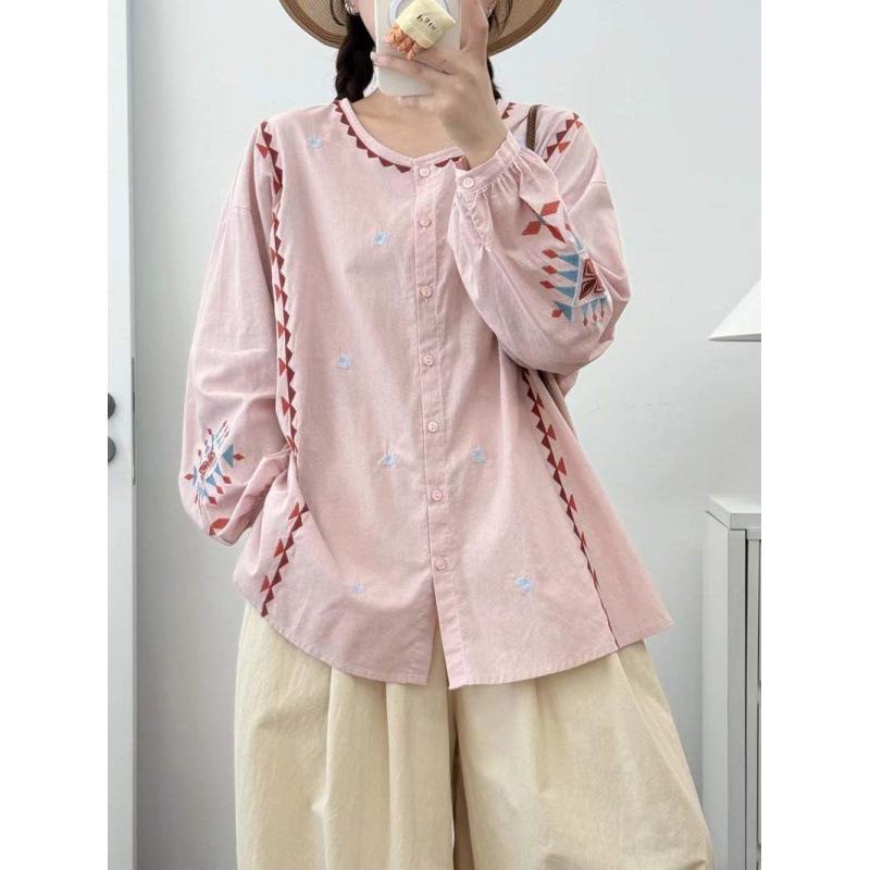 2025 Spring Retro Ethnic Embroidered Stand Collar Oversized Women's Cardigan Long Sleeve Shirt