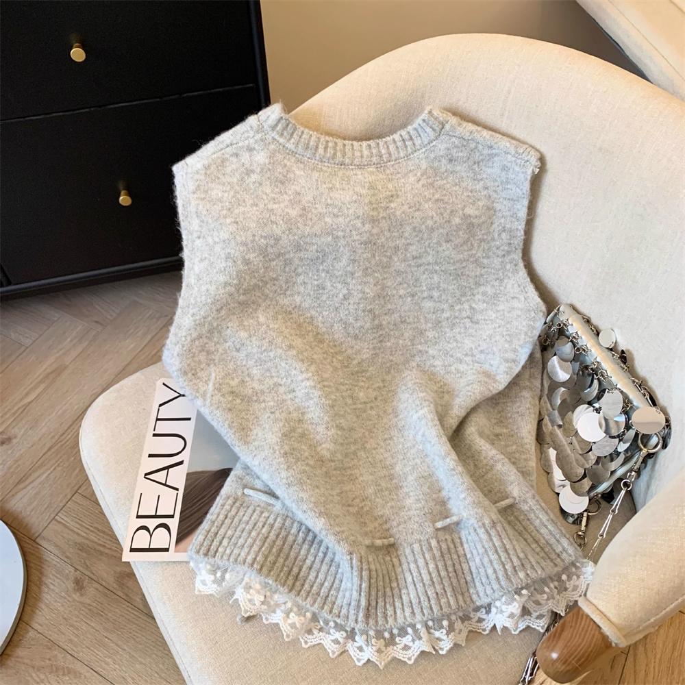 Spring Autumn Korean Sleeveless Sweater Vest Round Neck Cardigan Simple Knit Waistcoat Comfortable Women's Clothing Top