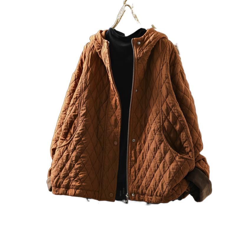 Chaqueta de Algodón con Capucha Acolchada de Diamantes para Mujer - Petite, Holgada, Informal, Ligera, Tendencia Invierno 2025