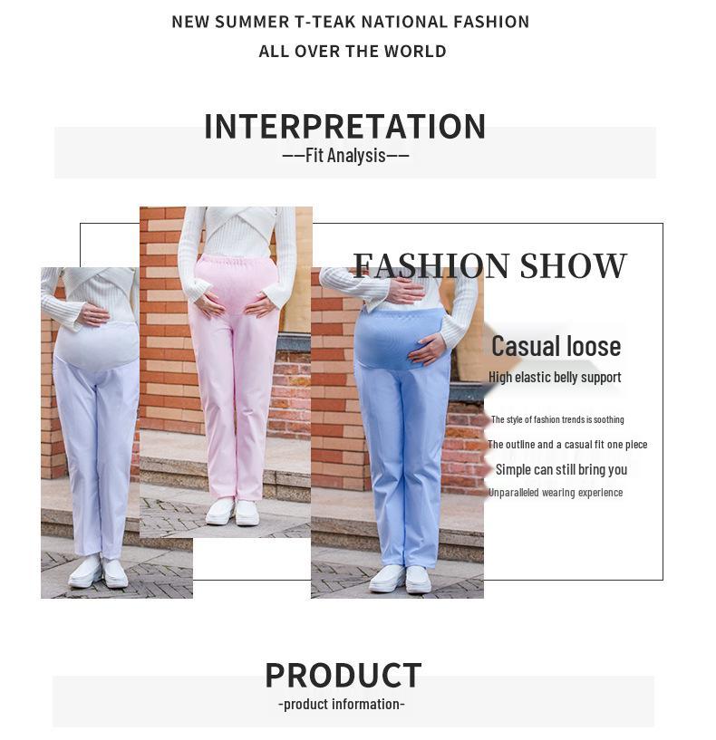 Nurse Maternity Work Pants - Adjustable Belly Support, Elastic Waist, Women's Plus Size, Available In White, Pink, Blue