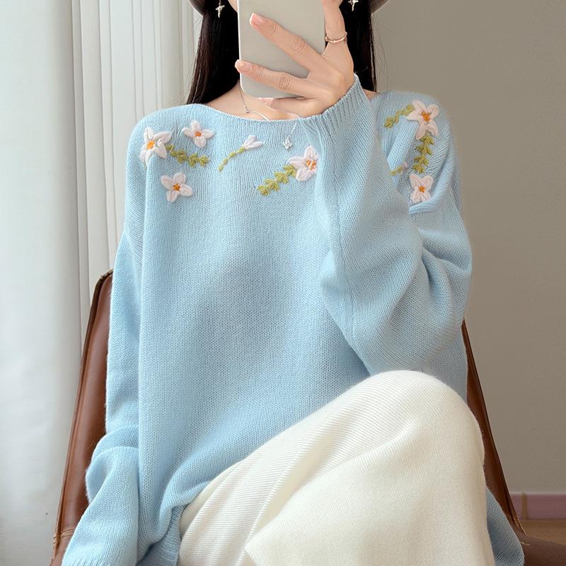 Blue Off-Shoulder 3D Flower Wool Sweater for Women