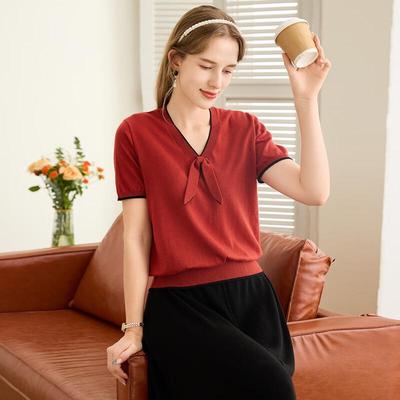 TUHUANG Women's Bowknot Color-Block V-Neck Knit Top
