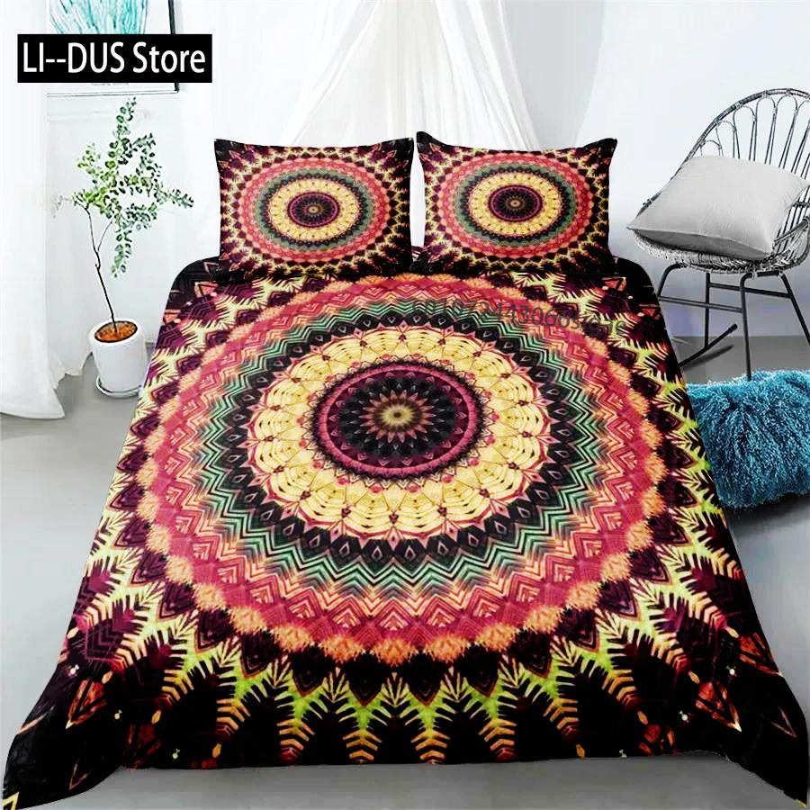 Conjunto de Capa de Edredom Mandala Roupa de Cama Boêmia Azul Rosa Elegante Boêmio Romântico King Poliéster Capa de Edredom Capa de Edredom Fronha