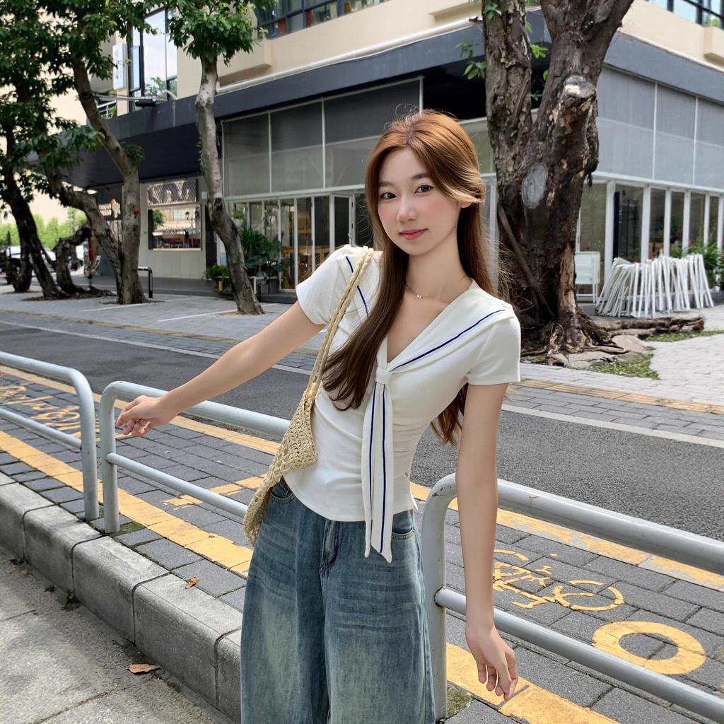 Academy Shawl Fake Two-piece Short-Sleeve T-Shirt Women's Navy Collar Slim and Skinny Summer Chic Beautiful Shirt Top