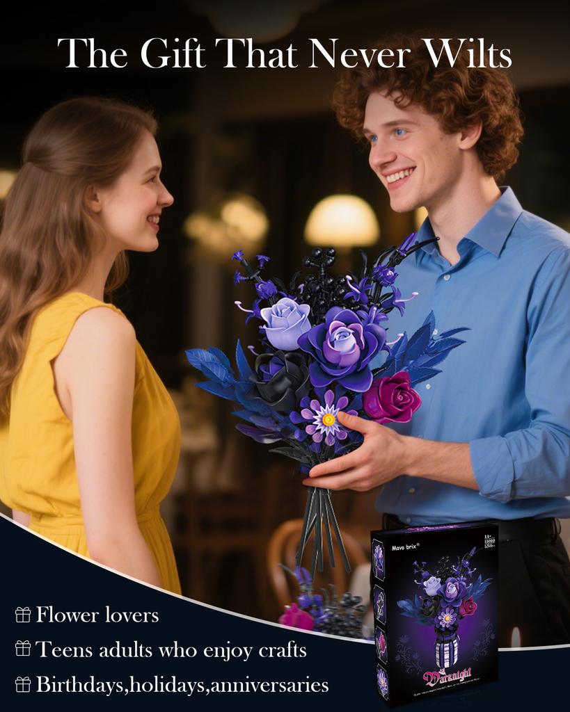 Non-Toxic 1218Pcs Dark Romance Flower Building Blocks Gothic Bouquet With Vase Model Educational Diy Toy Desktop Decoration Gifts For Kids